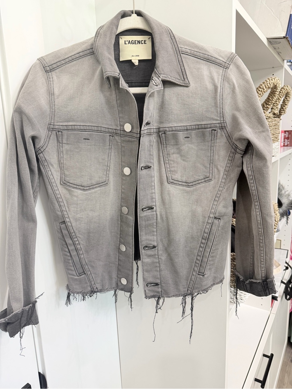 L'AGENCE Distressed Light Gray Denim Trucker Jacket